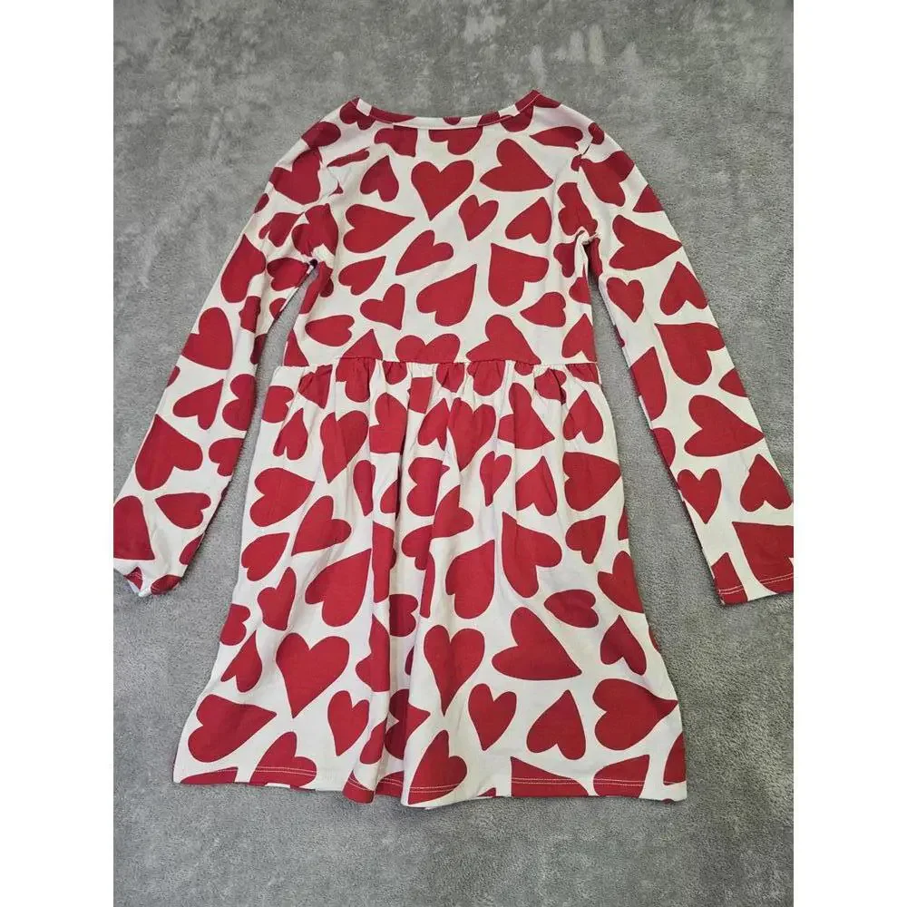 New Cat & Jack Girls Long Sleeve Dress With Pockets Cream Heart Pattern Size M 8
